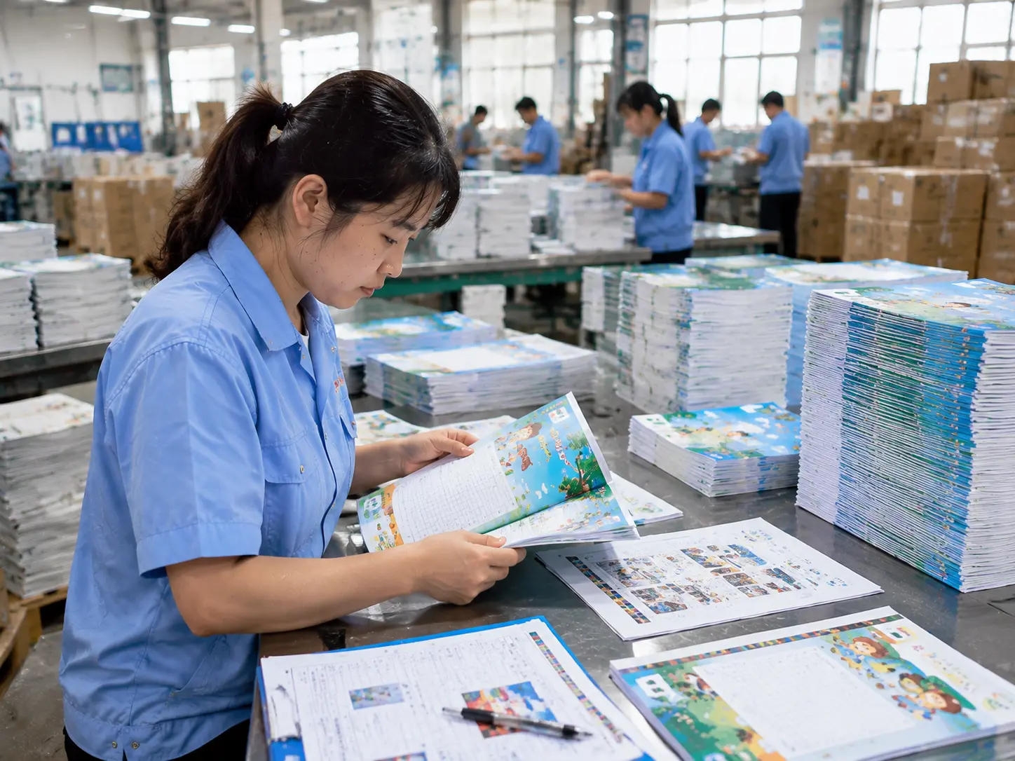 Quality inspection of finished exercise books in a factory