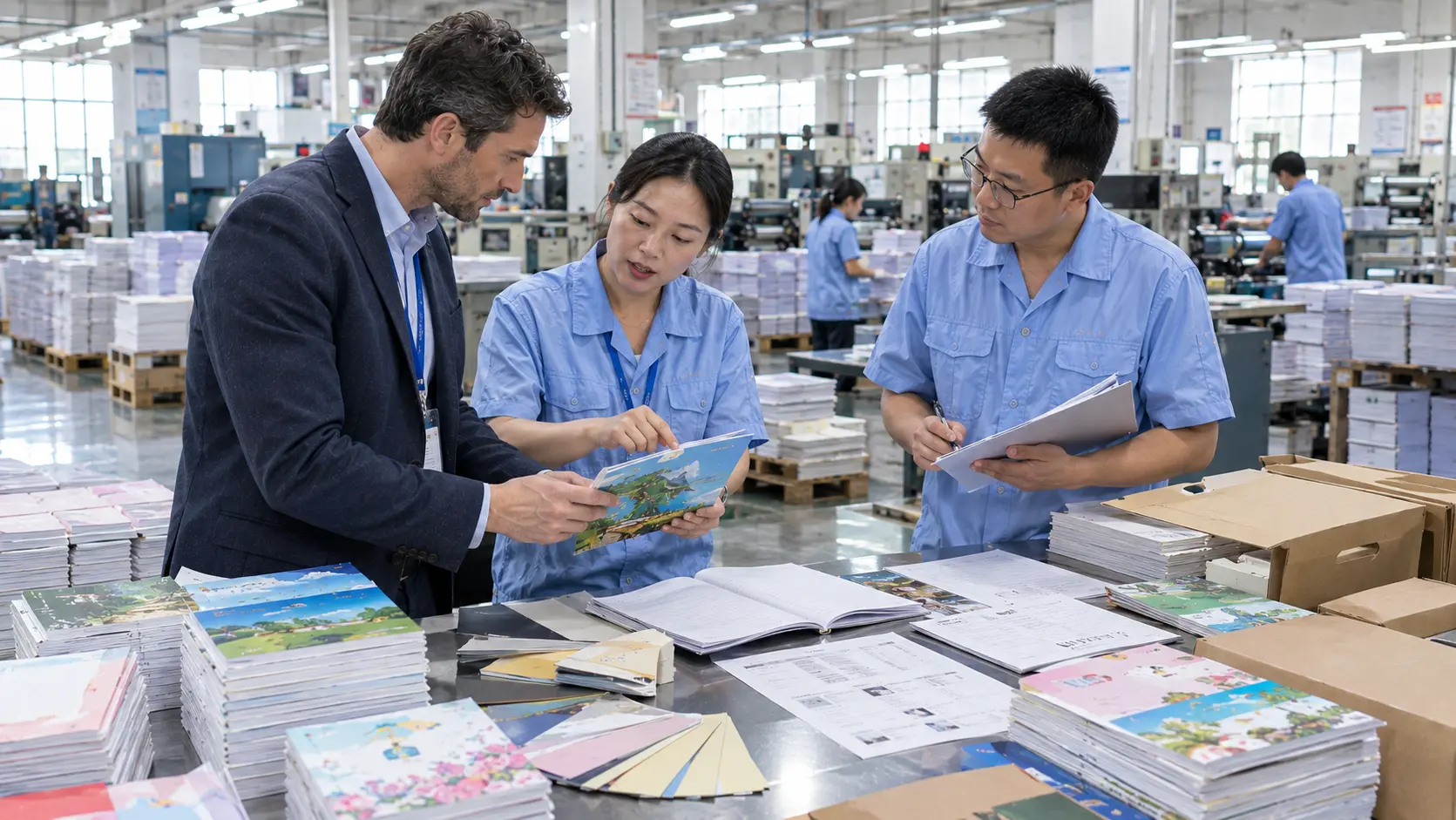 Wholesale buyer comparing exercise book samples from different manufacturers