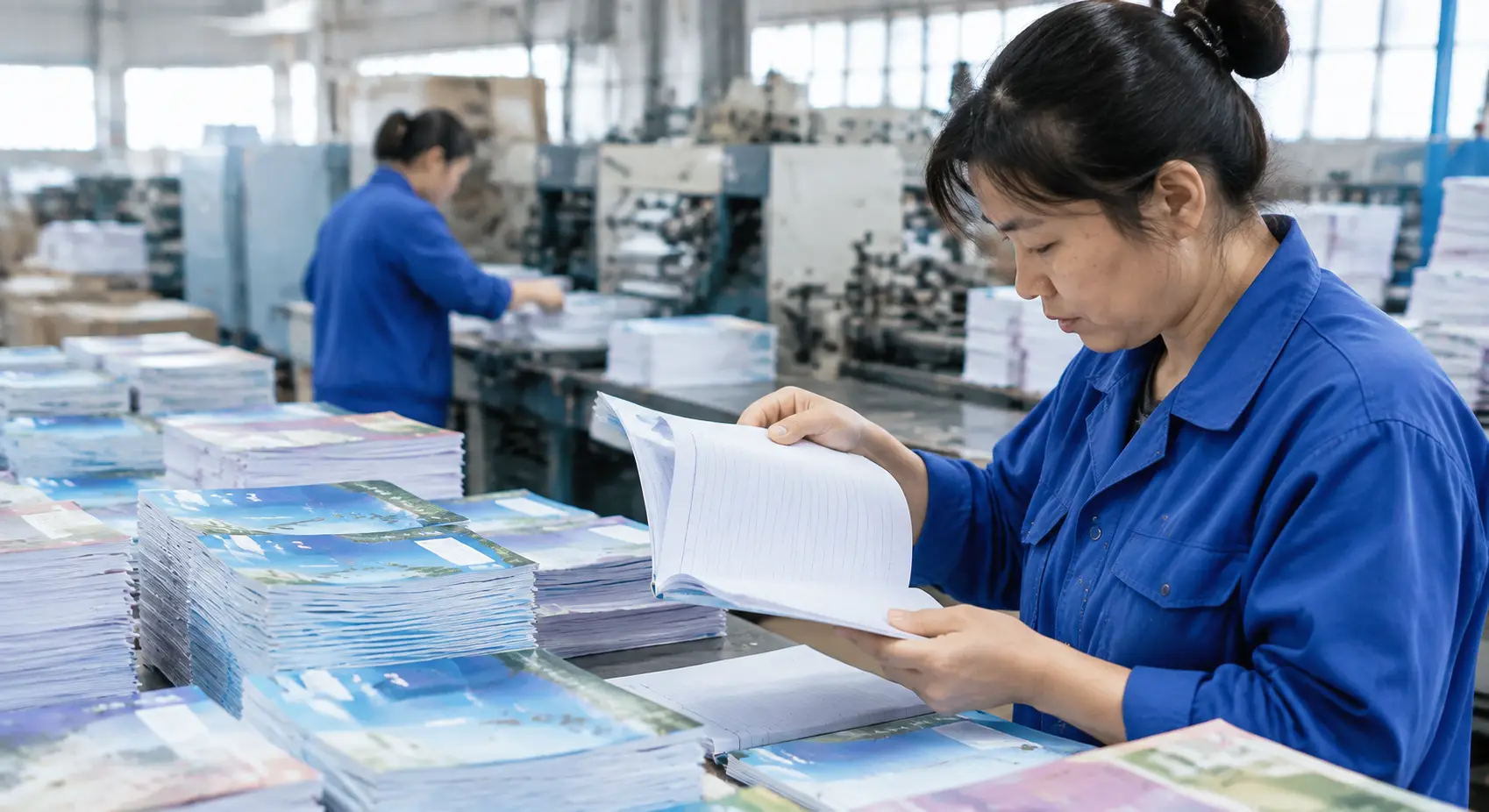 Exercise book manufacturing process in a Chinese factory