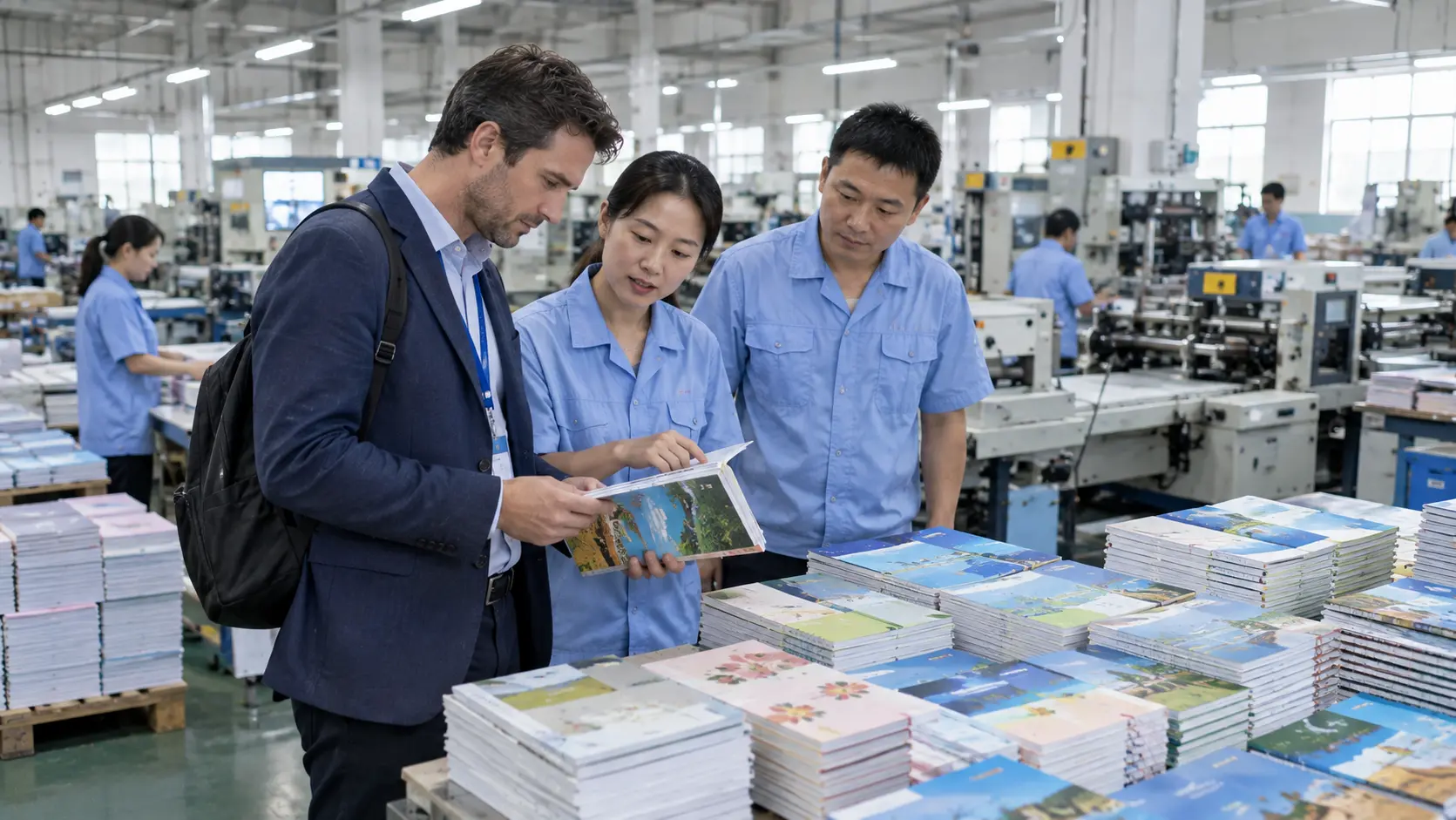 Wholesale buyer visiting an exercise book manufacturing factory