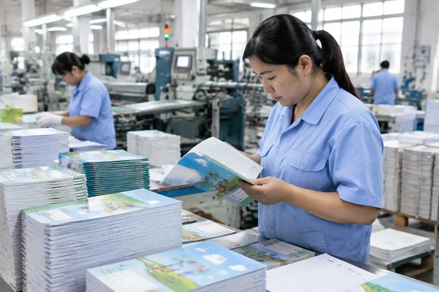 Quality control inspection of exercise books in a China factory
