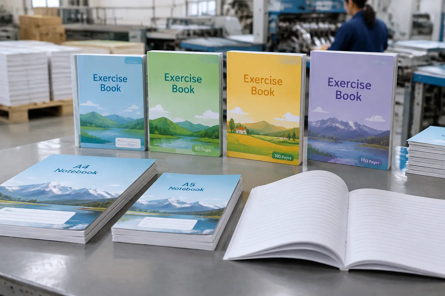 School exercise books with different page counts