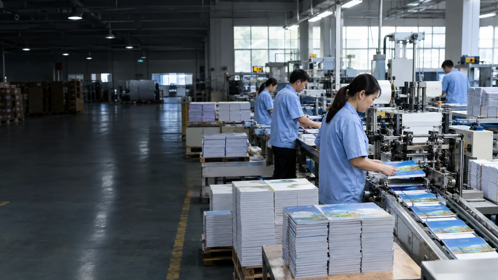 Exercise book manufacturer producing student exercise books in a factory