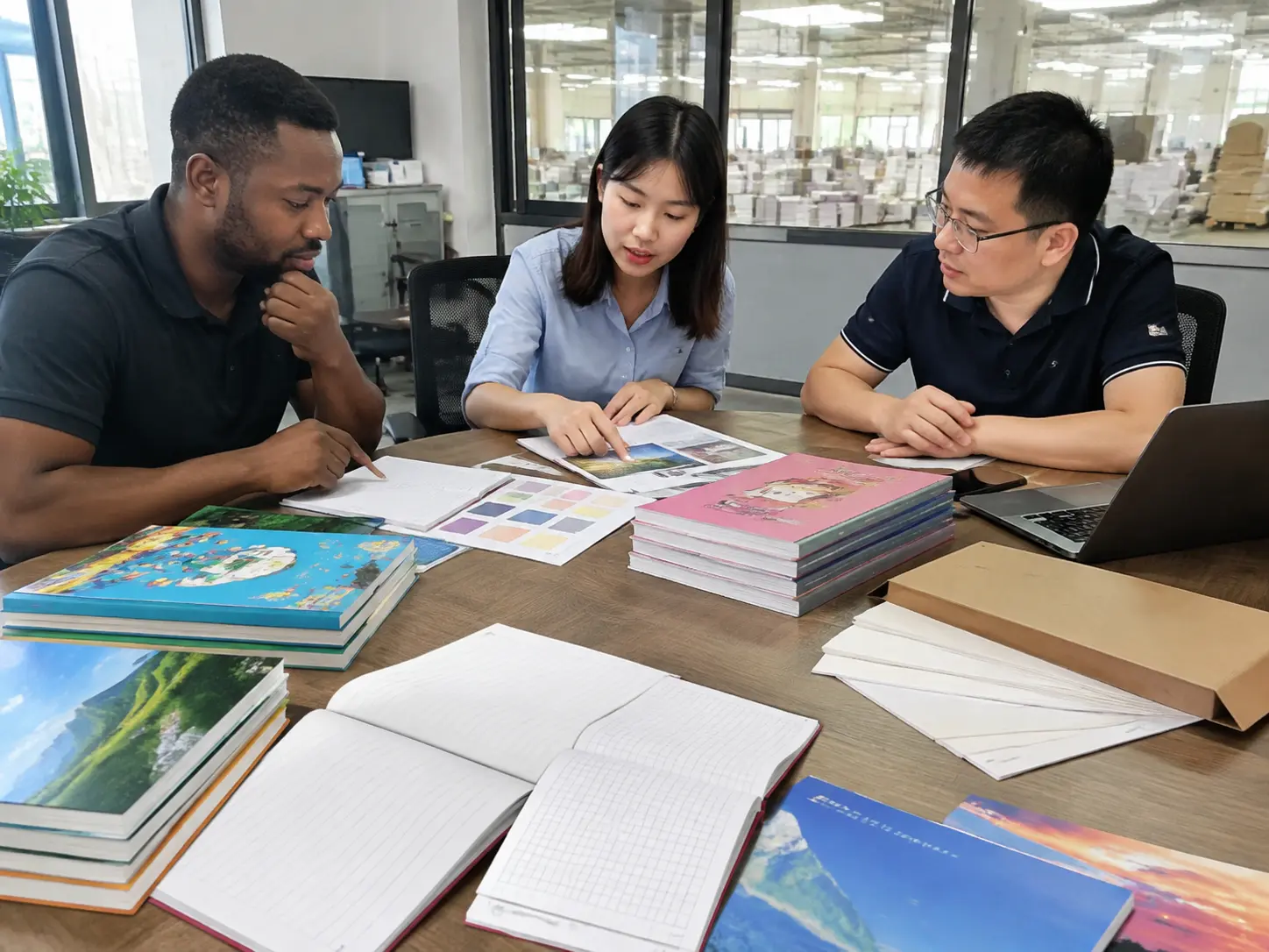 Buyer discussing exercise book specifications with a China manufacturer