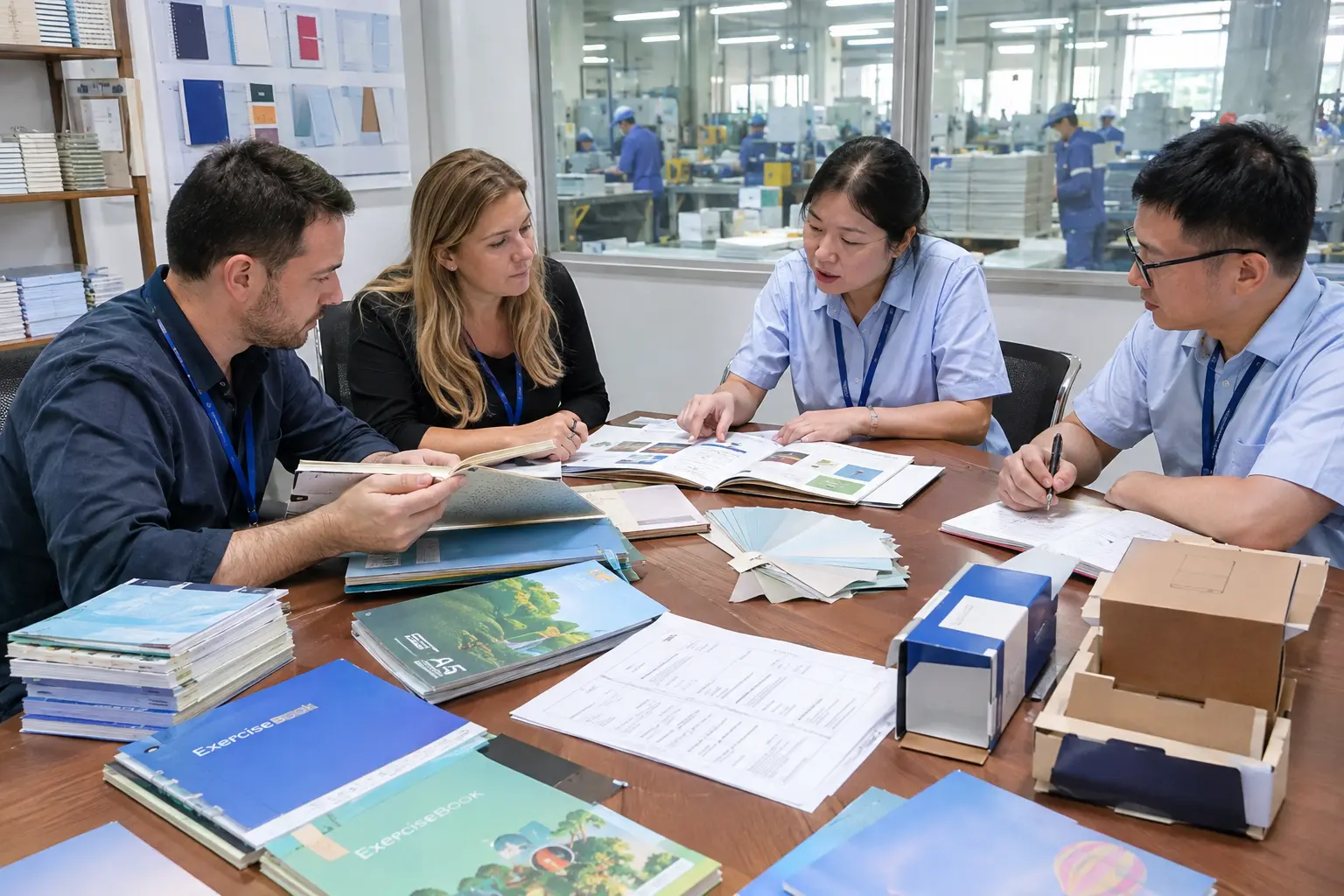 Buyer discussing exercise book specifications with a supplier