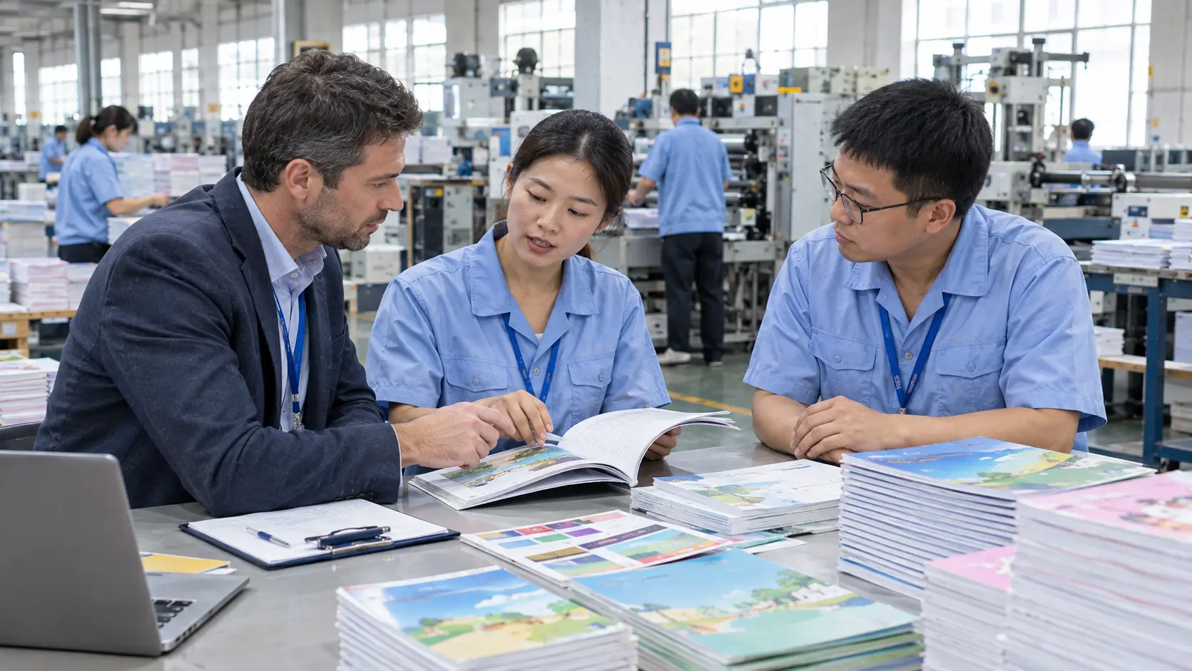 Business buyer contacting an exercise book manufacturer